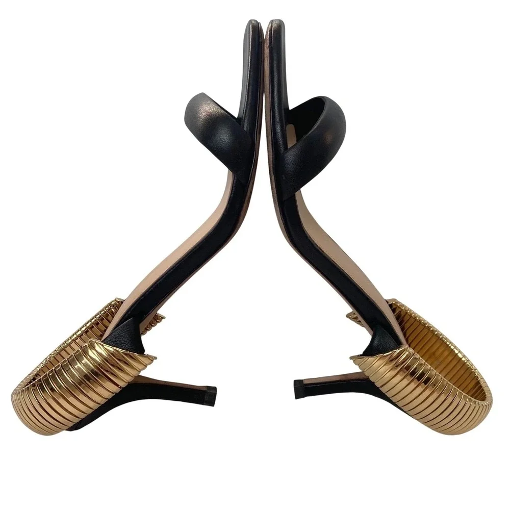 VERONICA BEARD Meena Heeled Sandals Size 9 Black Leather Gold Luxury Designer‎